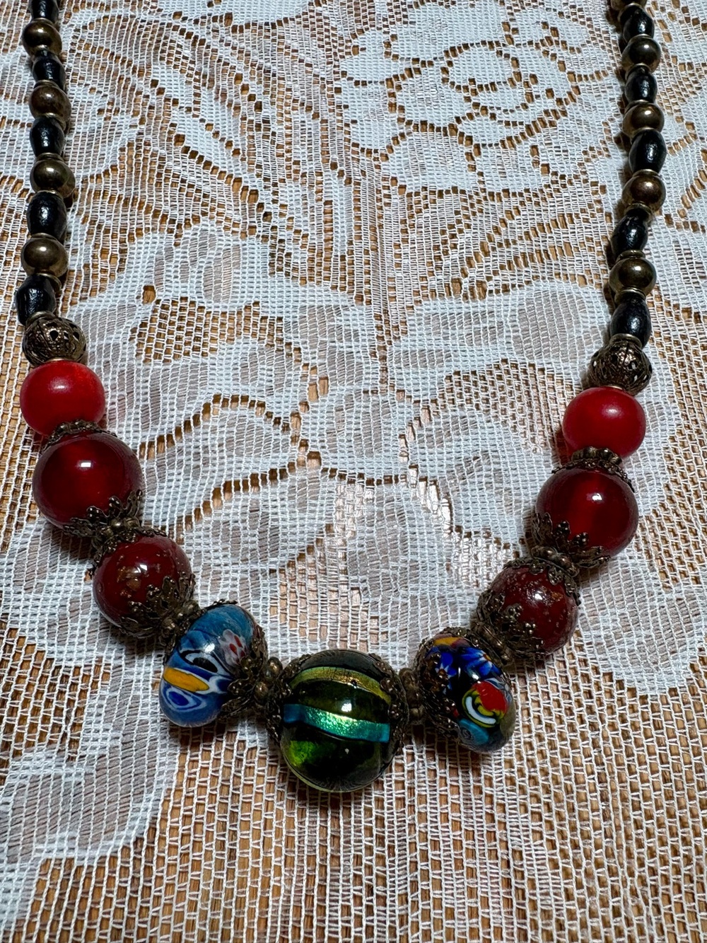 ALI KHAN NY Handmade Fused Glass Murano Style Necklace 17” Peacock Blue Red